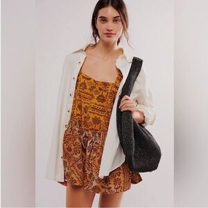 NEW FREE PEOPLE WOMENS PALM BAY PRINTED SHORTALLS OVERALLS LARGE BROWN BOHO